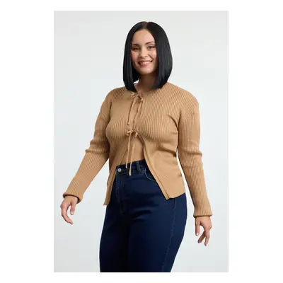 Trendyol Curve Brown Ribbed Tied Soft Touch Knit Cardigan