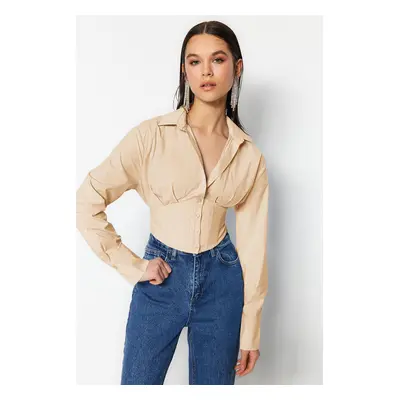 Trendyol Stone Crop Corset Detailed Poplin Shirt