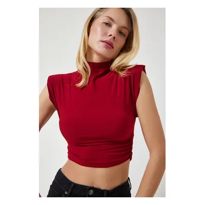 Happiness İstanbul Women's Burgundy High Neck Gathered Crop Knitted Blouse