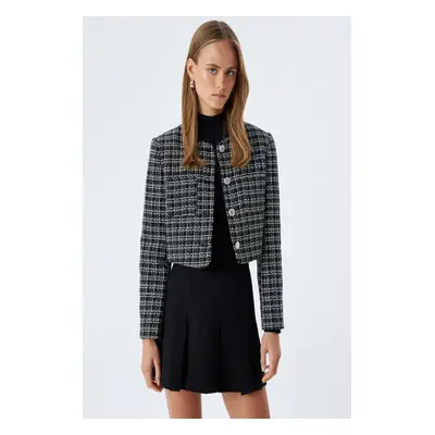 Koton Tweed Crop Jacket Round Neck Pocket Detail Buttoned Wool Blend