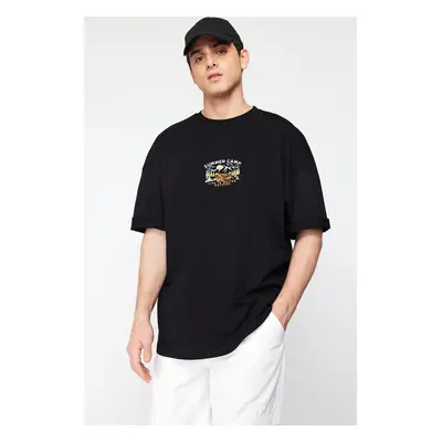 Trendyol Black Oversize/Wide Cut Short Sleeve Landscape Embroidered 100% T-Shirt