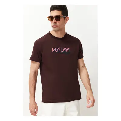 Trendyol Brown Regular Cut Text Printed 100% Cotton T-shirt