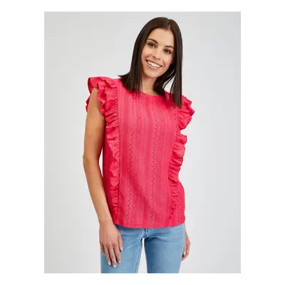 Orsay Dark pink women's t-shirt with ruffles - Women's