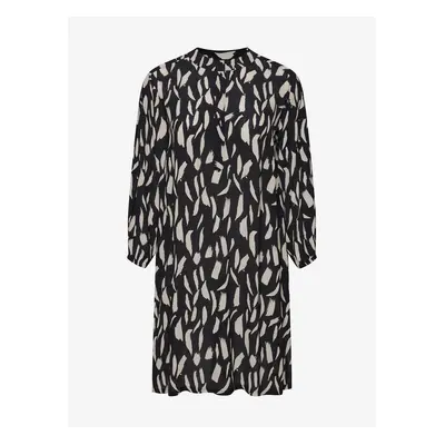 Fransa Cream-Black Patterned Shirt Dress with Three-Quarter Sleeves Fra - Women