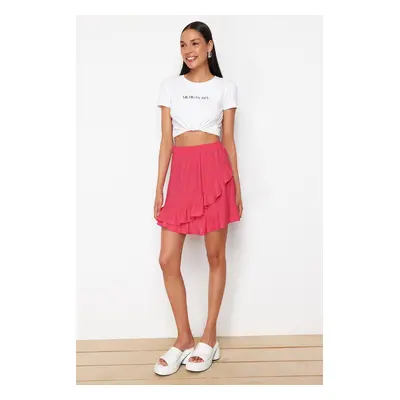 Trendyol Fuchsia Textured Asymmetric Ruffle Detailed Elastic Waist Flexible Mini Knitted Skirt