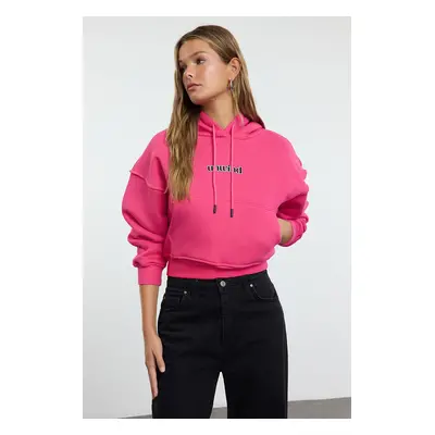 Trendyol Fuchsia Slogan Printed Oversize/Wide Pattern Crop Thick Polar Fleece Knitted Sweatshirt