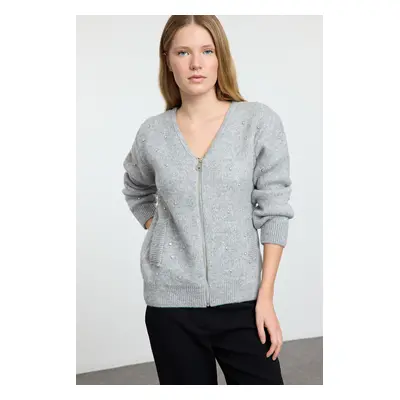 Trendyol Gray Soft Texture Stone Embroidered Coat Look Knitwear Cardigan