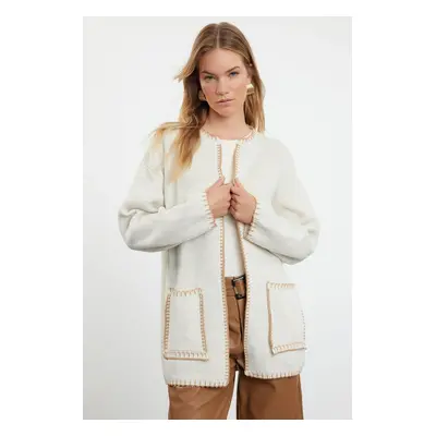 Trendyol Stone Camel Shepherd's Stitch Detailed Knitwear Cardigan