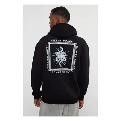 Trendyol Black Oversize/Wide Cut Hooded Mystic Printed Fleece/Warm Sweatshirt