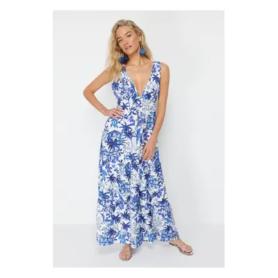 Trendyol Tropical Patterned Maxi Woven Backless Beach Dress