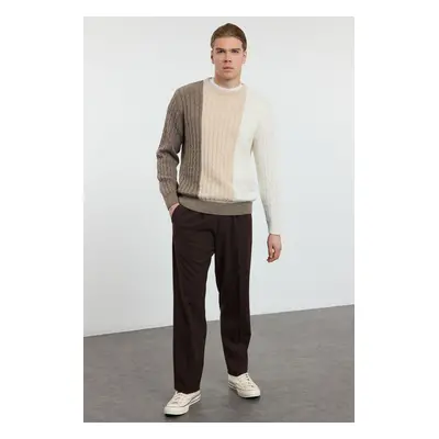 Trendyol Beige Men's Crew Neck Knitted Panelled Color Block Knitwear Sweater