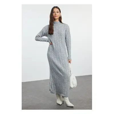 Trendyol Gray Braided Knitwear Dress with Pearl Accessories