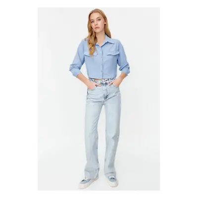 Trendyol Blue Pocket Detailed Crop Aerobin Regular Fit Woven Shirt