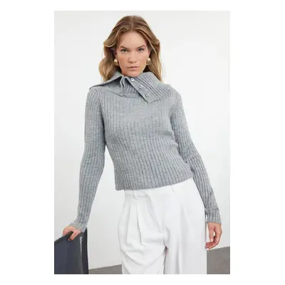 Trendyol Gray Soft Texture Crop Boat Neck Detailed Knitwear Sweater