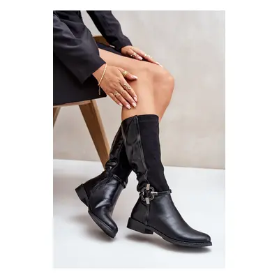 Insulated flat heel boots with decorative buckle black Leatharia