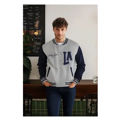 Trendyol Grey Melange Regular/Normal Cut Embroidered Detailed College Jacket