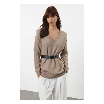 Trendyol Mink Wide Pattern Belted Soft Texture Knitwear Sweater