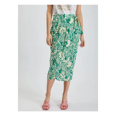 Orsay Cream-Green Ladies Patterned Wrap Midi Skirt with Linen - Women