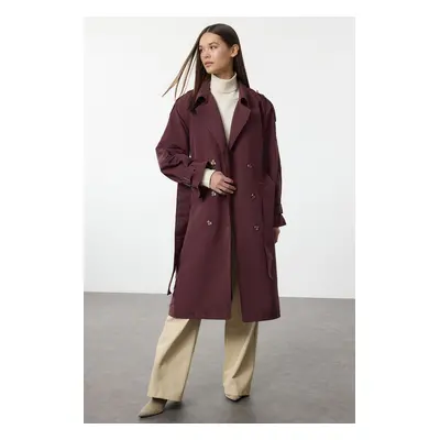 Trendyol Claret Red Oversize Belted Windbreaker Detailed Water Repellent Long Trench Coat