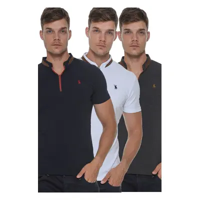 TRIPLE SET T8571 DEWBERRY ZIPPERED MEN'S T-SHIRT-ANTHRACITE-WHITE-NAVY BLUE