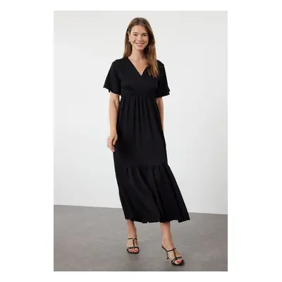 Trendyol Black Plain Maxi Double Breasted Skirt Ruffle Textured Short Sleeve Flexible Knitted Ma