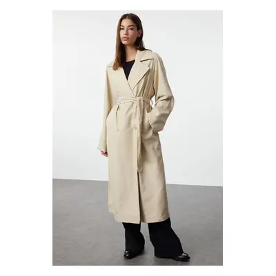 Trendyol Beige Oversize Wide Cut Chiffon Detail Pleated Trench Coat