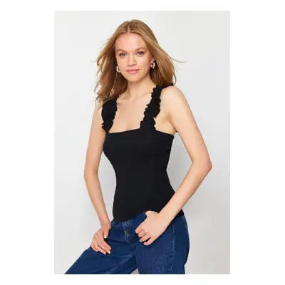 Trendyol Black Fitted Ribbed Stretchy Knitted Blouse with Gather Detail