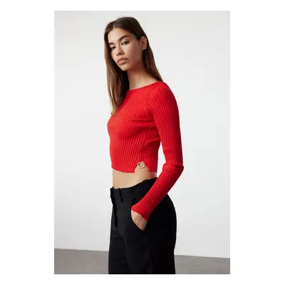 Trendyol Red Crop Heart Accessory Knitwear Sweater