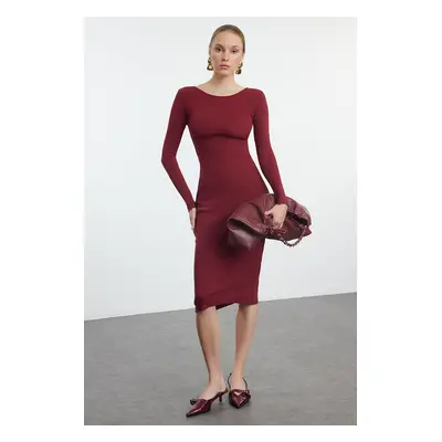 Trendyol Burgundy Backless Fitted Flexible Midi Knitted Dress