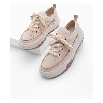 Marjin Women's High-Sole Sneakers, Linen Fabric Lace-Up Sneakers Hesna beige