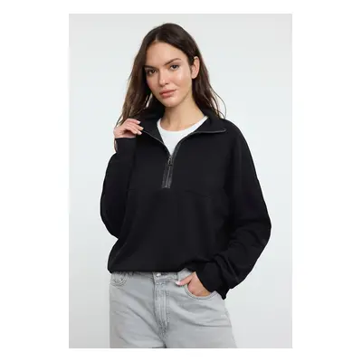 Trendyol Black Oversize/Wide Zipper Collar Flexible Knitted Sweatshirt