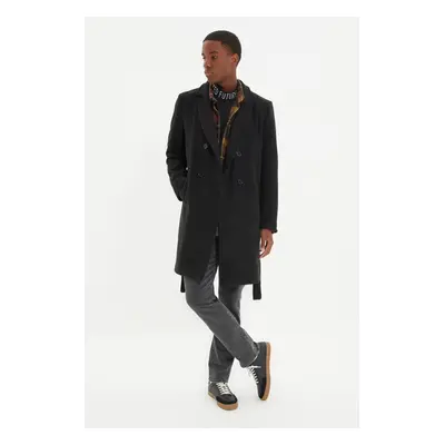 Trendyol Black Regular Fit Double Breasted Closure Belted Tie Detailed Long Cashmere Winter Coat