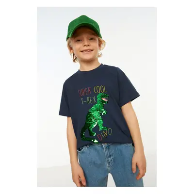 Trendyol Navy Blue Boy Dinosaur Sequined Crew Neck Short Sleeve Knitted T-Shirt