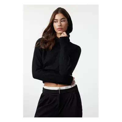 Trendyol Black Soft Textured Hooded Sleeve Finger-Tucked Knitted Sweater