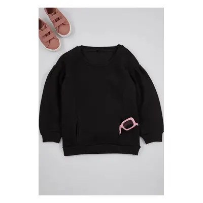 Trendyol Black Girl's Sleeve Drawstring Pocket Knitted Sweatshirt