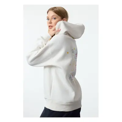 Trendyol Ecru Thick Inside Fleece Hooded Printed Oversize/Wide Fit Knitted Sweatshirt