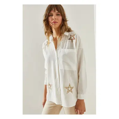 Bianco Lucci Women's Flam Linen Star Laser Cut Single Pocket Long Sleeve Shirt