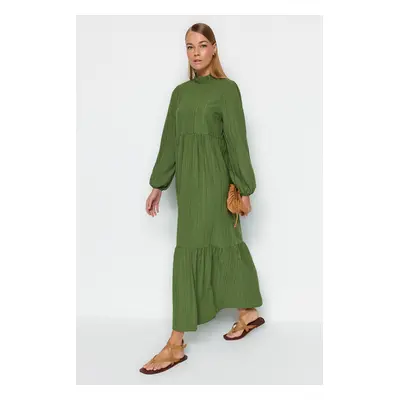 Trendyol Green High Neck Crinkle széles szabású szőtt ruha