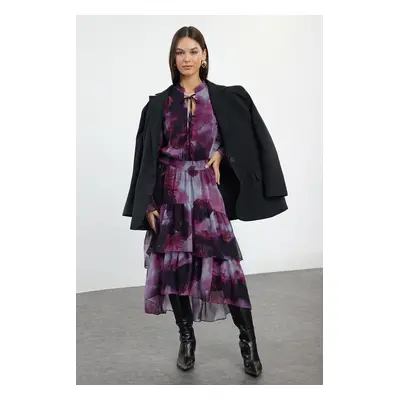 Trendyol Limited Edition Plum Shawl Pattern Skater Ruffle Midi Woven Winter Dress