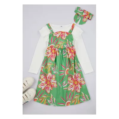 Trendyol Green 3-Piece Girl Floral Patterned Bandana Knitted Dress