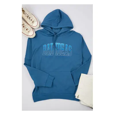 Trendyol Saks Oversize/Wide Cut Text Printed and Embroidered Hooded Sweatshirt