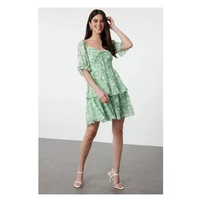 Trendyol Mint Floral Skirt Flounced Skater/Waist Opening Chiffon Mini Lined Woven Dress