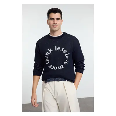 Trendyol Navy Blue Oversize Crew Neck Slogan Knitwear Sweater