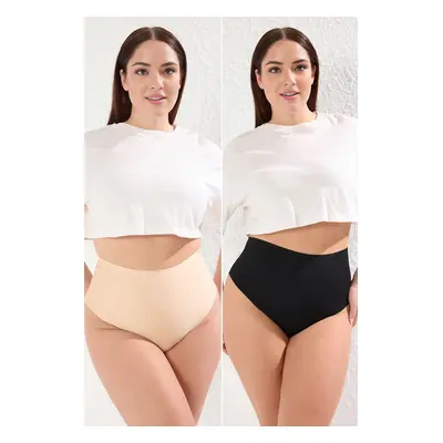 Trendyol Curve Black-Skin 2-Pack High Waist Non-Slip Plus Size Panties with Restorative/Corset E