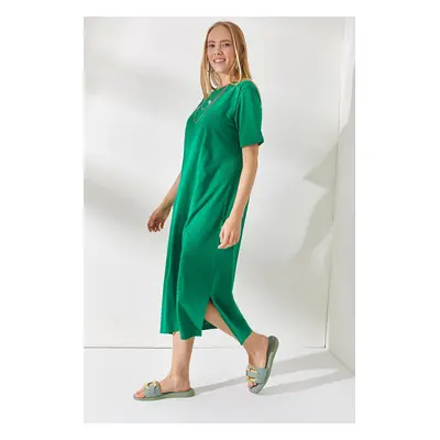 Olalook Women's Grass Green Side Slit Oversize Cotton Dress