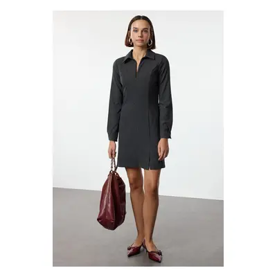 Trendyol Anthracite A-Line Shirt Collar Zipper Detailed Polyviscose Mini Woven Dress