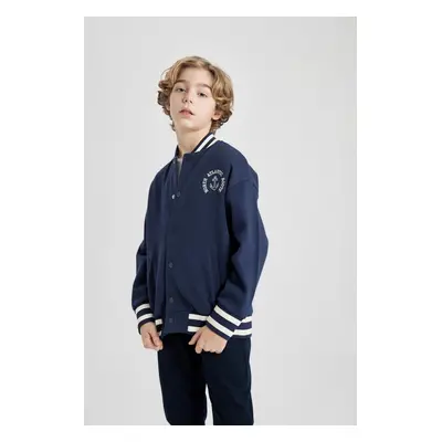 DEFACTO Boys College Collar Printed Snap Closure Double Pocket Seasonal Bomber Cardigan