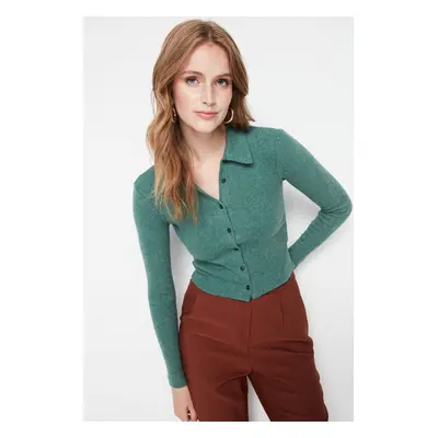 Trendyol Emerald Green Button Detailed Fitted Crop Polo Neck Ribbed Stretchy Knitted Blouse