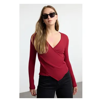 Trendyol Claret Red Fitted Double Breasted Neck Long Sleeve Ribbed Stretchy Knitted Blouse