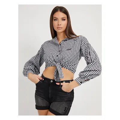 White and Black Ladies Plaid Shirt with Balloon Sleeves Guess - Ladies